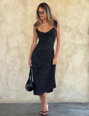 LOTTIE RUFFLE MIDI DRESS - BLACK POLKA