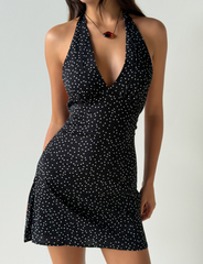 DYLAN HALTER MINI DRESS - BLACK POLKA